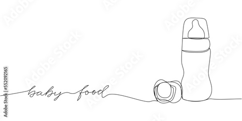 Baby bottle with pacifier one line art with an inscription baby food. Continuous line drawing of milk, feeding, baby, newborn, child, baby food, natural feeding, health.