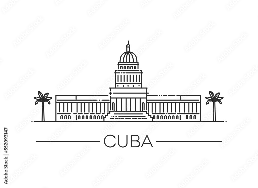 Capitolio building in Central Havana. Cuba architecture line skyline illustration
