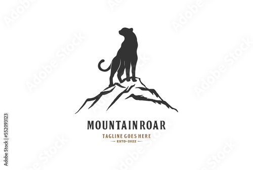 Mountain Rock with Jaguar Tiger Leopard Cheetah Puma Silhouette Logo Design