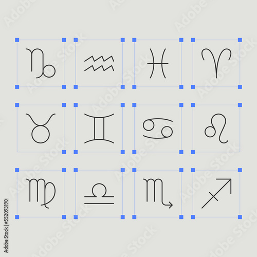 Zodiac horoscope astrological thin line label linear design esoteric stylized elements symbols signs. Vector illustration icons