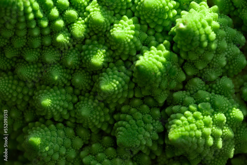 Green vegetable background of Romanesco cabbage. Romanesco cabbage close-up. Agricultural business. Growing vegetables. Plant growing.