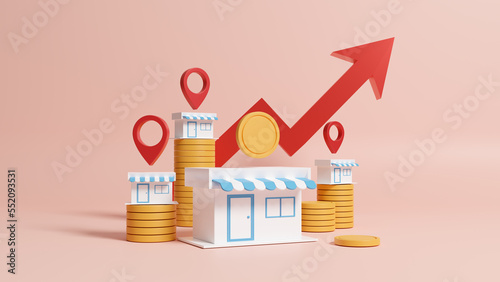 Business sale growth and expand shop franchise concept, franchise branch expansion strategy of financial marketing planning, branch of market and customer. Modern technology business. 3d rendering photo