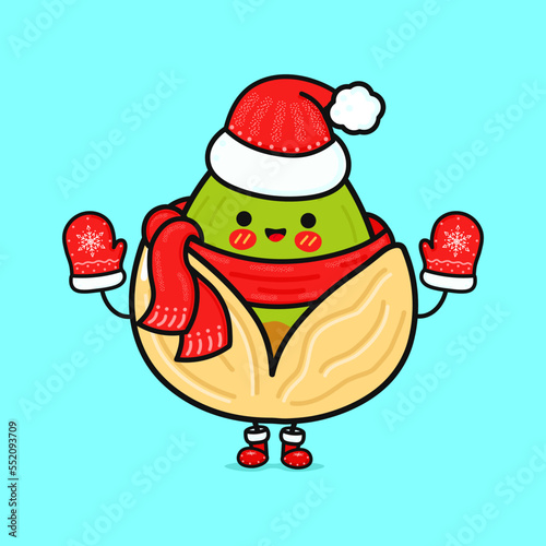 Funny smiling happy pistachio and christmas hat. Vector flat cartoon character illustration icon design. Isolated on blue background