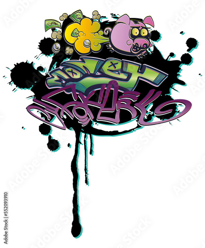 Piggy bank farts money graffiti style. Inscription money faker, modern street style lettering. Blobs with paint stains. Isolated on white background. 