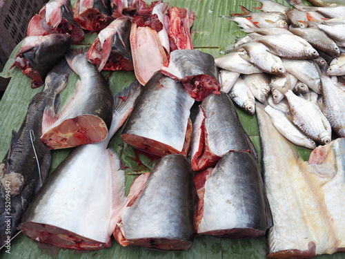 Fresh fish placed on banana leaves to be sold to customers in the fresh market. Giant catfish in mekong River (scaleless fish) with large body cut into small pieces. Small carp (scaly fish) sold whole photo