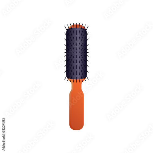 Round orange hair brush. Vector illustration of hairbrush for hair care. Cartoon grooming equipment of hairdresser isolated on white background. Barbershop, beauty concept