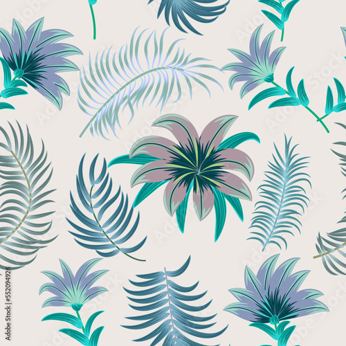 Seamless pattern with  flowers and tropical leaves of palm tree. Botany vector background