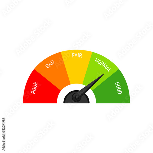 Business credit half circle speedometer with normal result. Indicator with color blocks from red to green, customers satisfaction with service. Evaluation, gauge rating meter concept