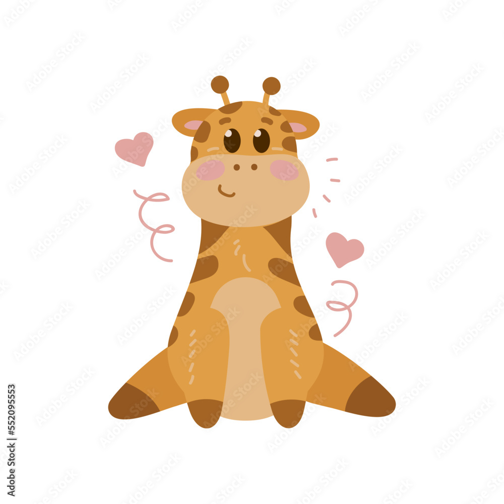 Obraz premium Adorable giraffe cartoon character sitting vector illustration. Watercolor drawing with cute baby animal sitting and smiling on white background. Wildlife concept for birthday card design