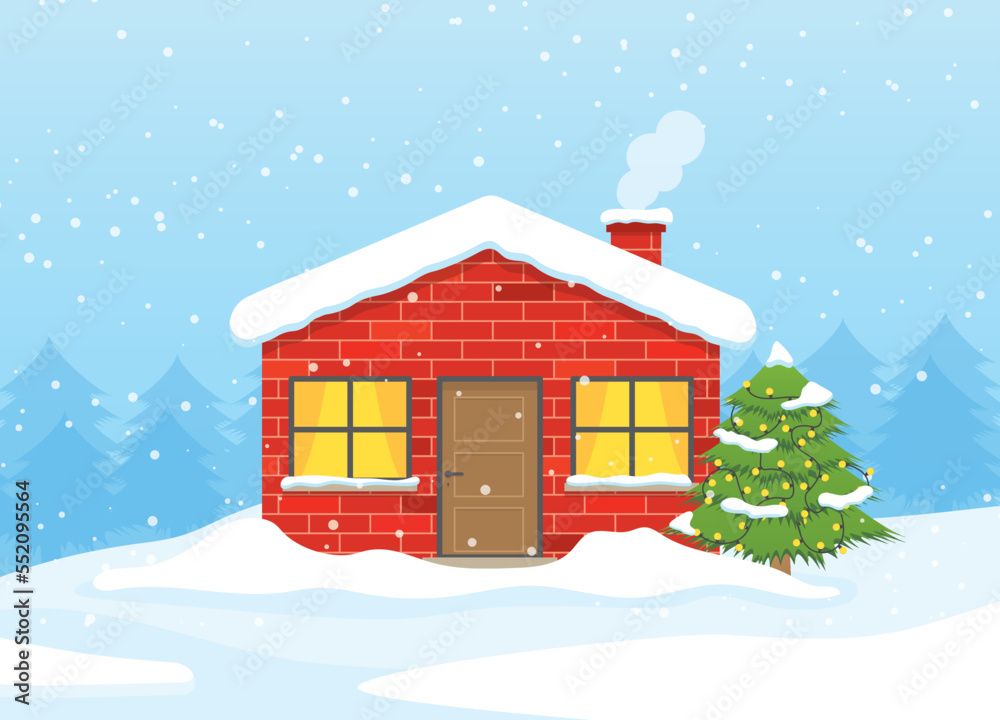 winter, christmas scenery with brick house and christmas tree covered with snow- vector illustration