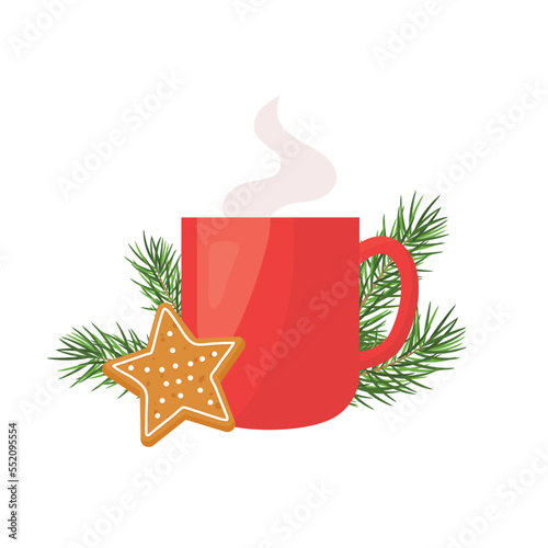 cup of hot winter drink, cooffe, cocoa, tea with fir tree twigs and gingerbread cookie- vector illustration photo