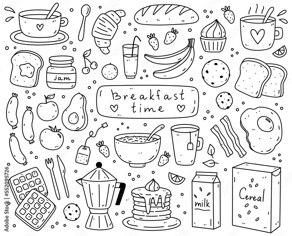 Cute set of breakfast food - fried eggs, bacon, toasts, sausages, coffee, tea, oatmeal, pancakes, cereal flakes and others. Vector hand-drawn doodle illustration. Perfect for cards, decorations, logo.