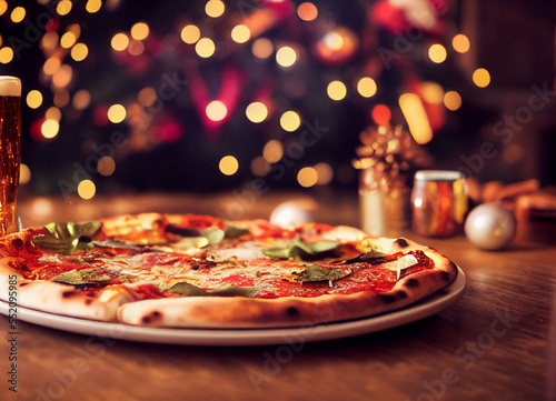 Pizza and beer on a table Christmas background 