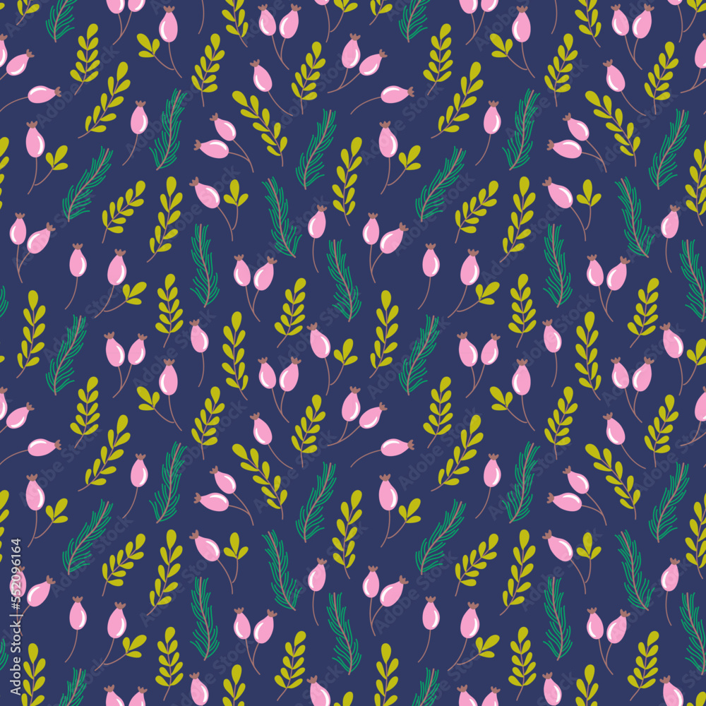 Seamless pattern with fir branches, leaves and berries. Beautiful plant background. Vector illustration for wrapping paper, textile, scrapbooking.
