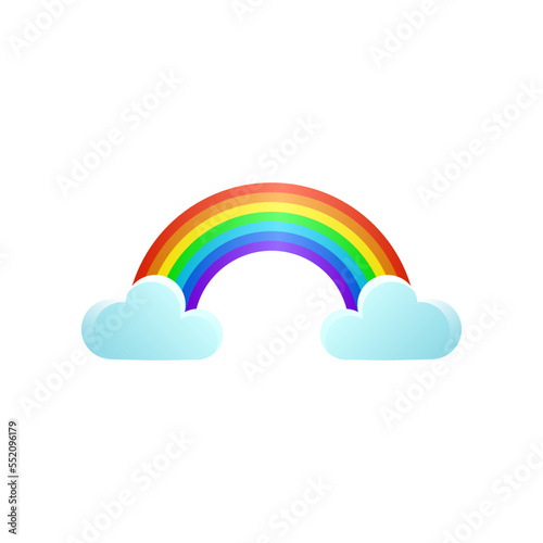Cute rainbow arc with clouds sticker. Vector illustration of childish colorful arc. Cartoon rainbow arc with clouds in sky isolated on white background. Weather, fairytale concept © SurfupVector