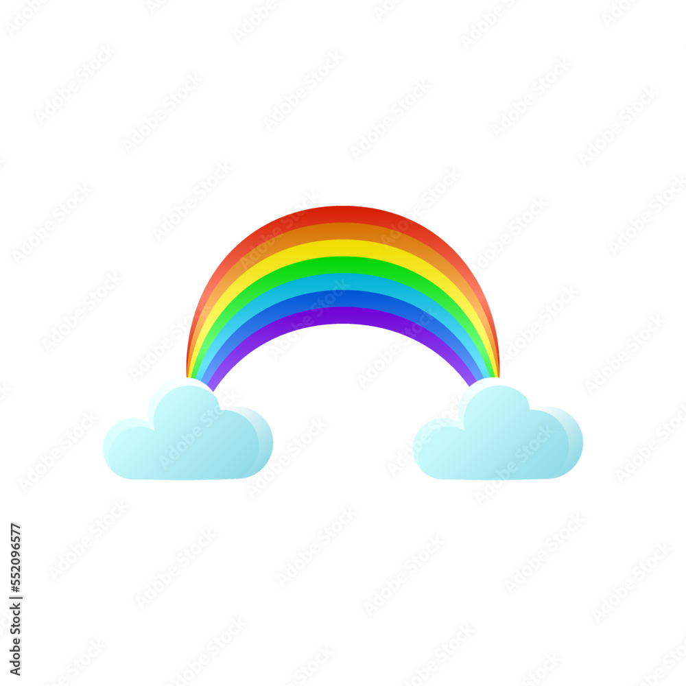Cute curved rainbow arc with clouds sticker. Vector illustrations of childish colorful arc. Cartoon rainbow arc with clouds in sky isolated on white background. Weather, fairytale concept Cute curved rainbow arc with clouds sticker. Vector illustrations of childish colorful arc. Cartoon rainbow arc with clouds in sky isolated on white background. Weather, fairytale concept