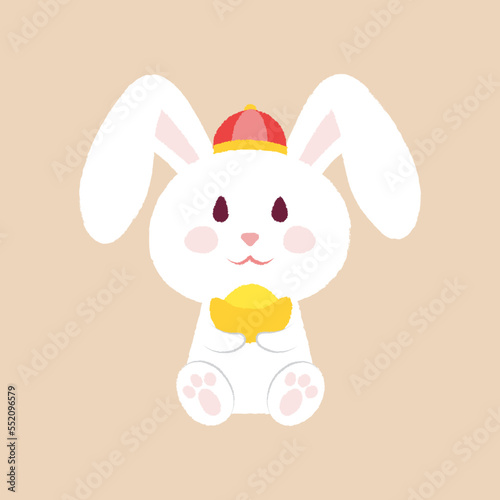 Cute drop ear rabbit holding ancient chinese gold ingot, wearing chinese cap. Paintbrush flat style illustration