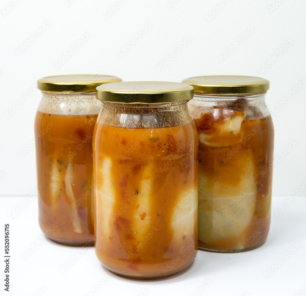 Homemade preserves from cabbage, rice and minced meat in a jar - Stuffed cabbage Homemade preserves from cabbage, rice and minced meat in a jar - Stuffed cabbage