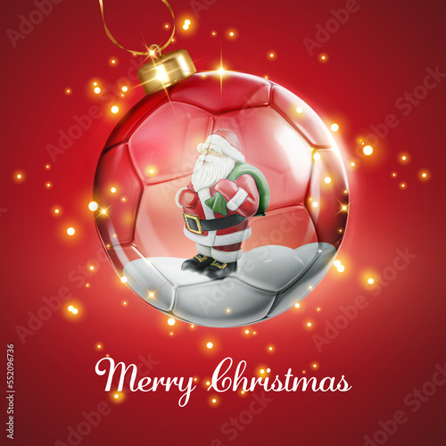 Marry Christmas card with transparent glossy soccer football glass ball and Santa Claus decoration