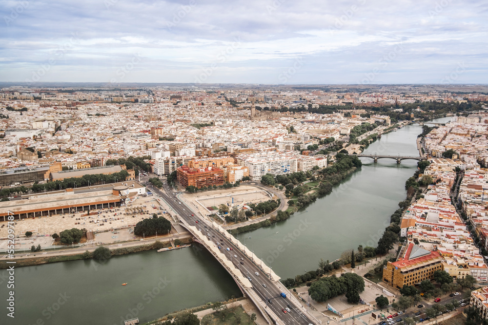 Aerial winter cityscape of Seville, Andalusia, Spain.
