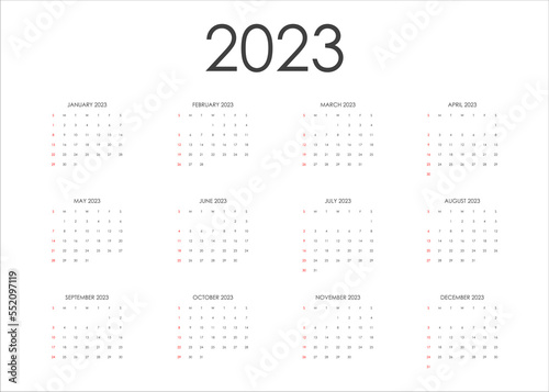2023 Calendar. The week starts on Sunday. Vector