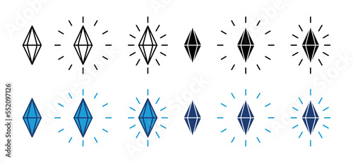 Shining diamonds gemstone icon set. Diamond in flat and outline style logo design. Gemstone with sparkle line art vector icon for game, apps, and websites, symbol illustration