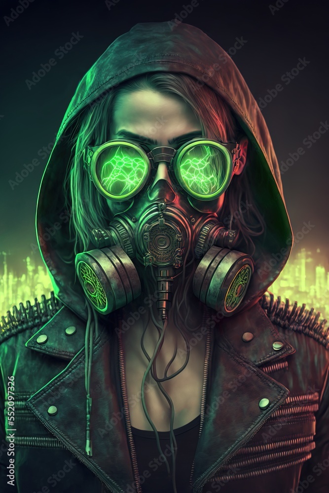 Fashion cyberpunk girl in leather hoodie jacket wears gas mask with  protective glasses, filters.. Stock イラスト | Adobe Stock