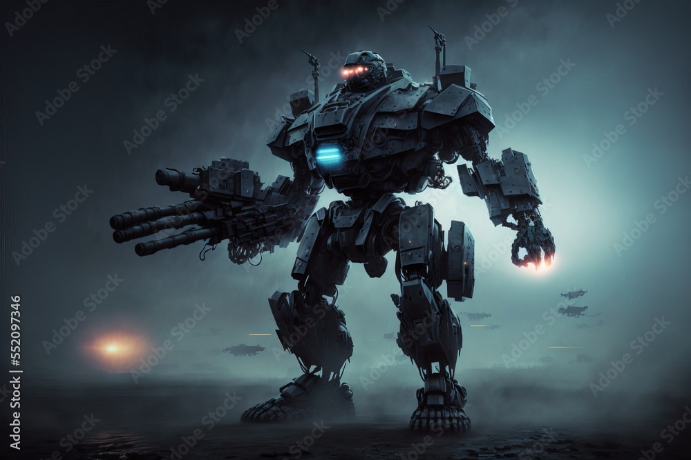 3d illustration of a night combat scene of a sci-fi mech standing in the fog in an attacking pose with assault gun on a dark background. Military attack aircraft robot with tank metal armor - obrazy, fototapety, plakaty 
