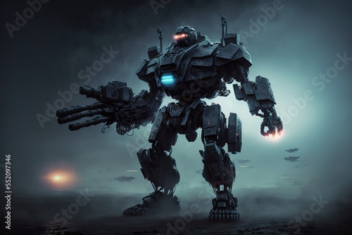 3d illustration of a night combat scene of a sci-fi mech standing in the fog in an attacking pose with assault gun on a dark background. Military attack aircraft robot with tank metal armor photo