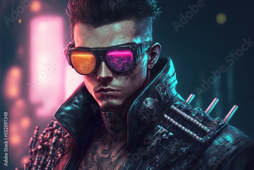 Digital artwork of sci-fi cyberpunk gangster character wearing futuristic glasses