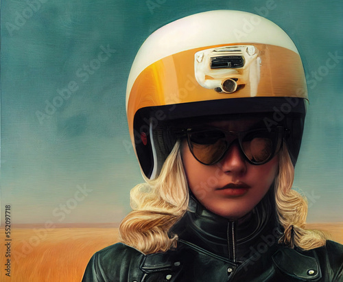 Blonde in motorcycle helmet sits on motorcycle