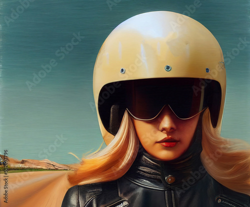 Blonde in motorcycle helmet sits on motorcycle © Ivan