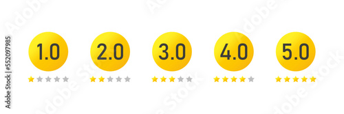 Star rating badges. Five Gold Star Review Rating, rating customer feedback on service or product quality. Star rating design elements set vector.