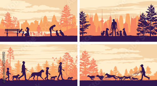 Man woman and children walk or run with dog in the park forest or city vector landscape silhouette label collection
