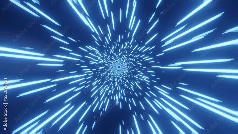 Light speed tunnel art  background loop center rotating. Technology Loop line futuristic speed of light explosion in galaxy motion background. Fast glowing blue lines trails moving. 3d Animation
