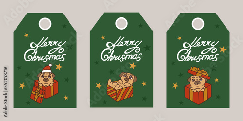 Christmas gift tags with handwritten calligraphy and cute pugs.
