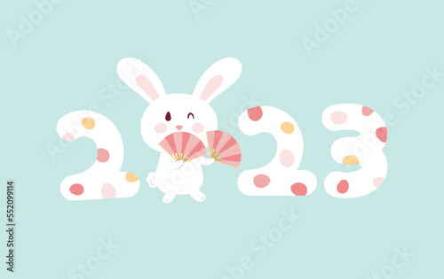 2023 rabbit year celebration. Fun happy rabbit wink eye hold chinese style fan dance pose. Rough flat style illustration vector.
