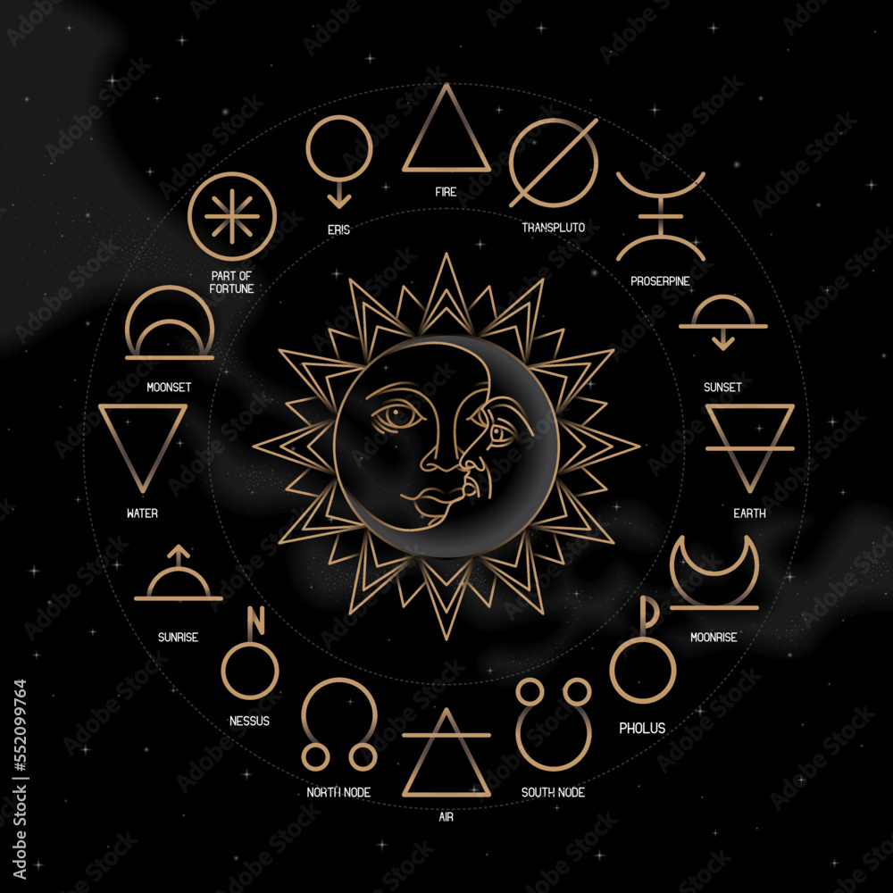 ASTROLOGY ELEMENTS zodiac horoscope thin line label linear design