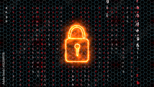 Quantum cryptography security technology lock blue hexagon wire matrix red theme