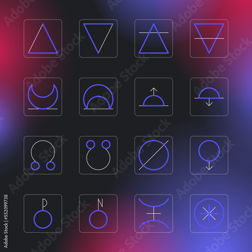 ASTROLOGY ELEMENTS zodiac horoscope thin line label linear design esoteric stylized elements symbols signs. Vector illustration icons photo
