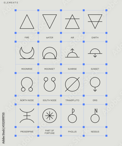 ASTROLOGY ELEMENTS zodiac horoscope thin line label linear design esoteric stylized elements symbols signs. Vector illustration icons