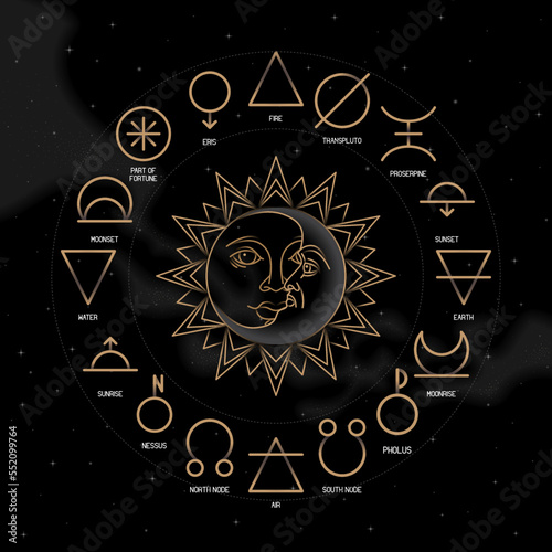 ASTROLOGY ELEMENTS zodiac horoscope thin line label linear design esoteric stylized elements symbols signs. Vector illustration icons photo