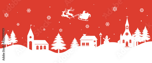 Winter landscape with flying santa claus 's sleigh in sky above fir trees in snow. Festive horizontal banner for Merry Christmas holiday.