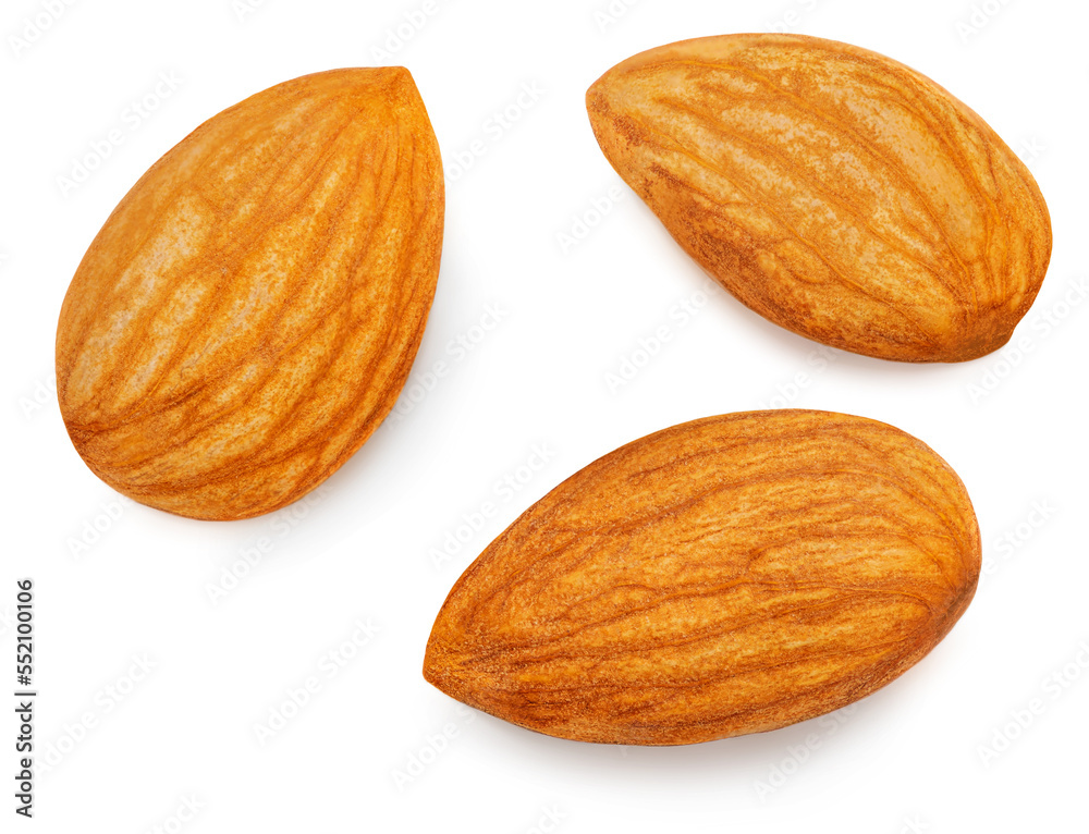 Almonds isolated on white background. Almond nut collection . Almonds isolated on white background. Almond nut collection .