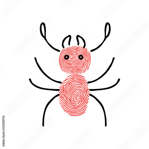 Cute fingerprint ant cartoon illustration. Idea for painting insects with fingerprints for kids. Funny childish drawing. Game, learning, education, development concept.