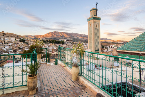 Famous al-Qarawiyyin mosque and University in heart of historic downtown of Fez, Morocco.