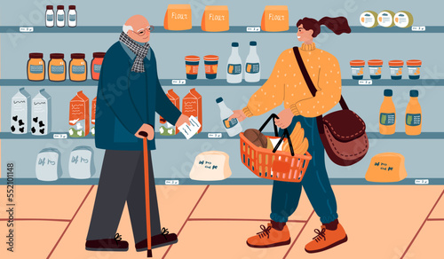 Young woman helps an elderly man buy groceries from a list.  Characters stand near the shelves with goods.The girl holds customer basket.Support between generations concept.Vector flat illustration.