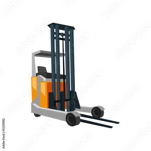 Modern reach truck forklift cartoon illustration. Industrial vehicle for work in warehouse isolated on white background. Logistic, distribution, shipment, storage, transportation concept.