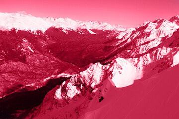 Foto auf Acrylglas Pantone 2023 Viva Magenta Snow-capped mountain peaks. Natural background. Ski resort Caucasus Mountains nature and sports.  © Anna