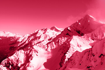 Foto auf Acrylglas Pantone 2023 Viva Magenta Snow-capped mountain peaks. Natural background. Ski resort mountains nature and sports. Beautiful viva magenta color background.  © Anna